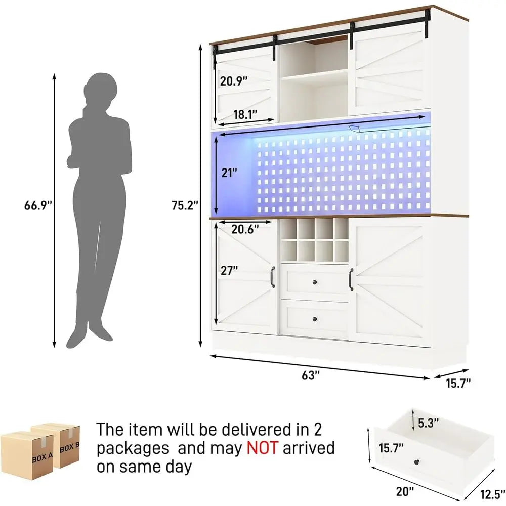 Kitchen Storage Pantry Cabinet With Power Outlet Pegboard LED Light