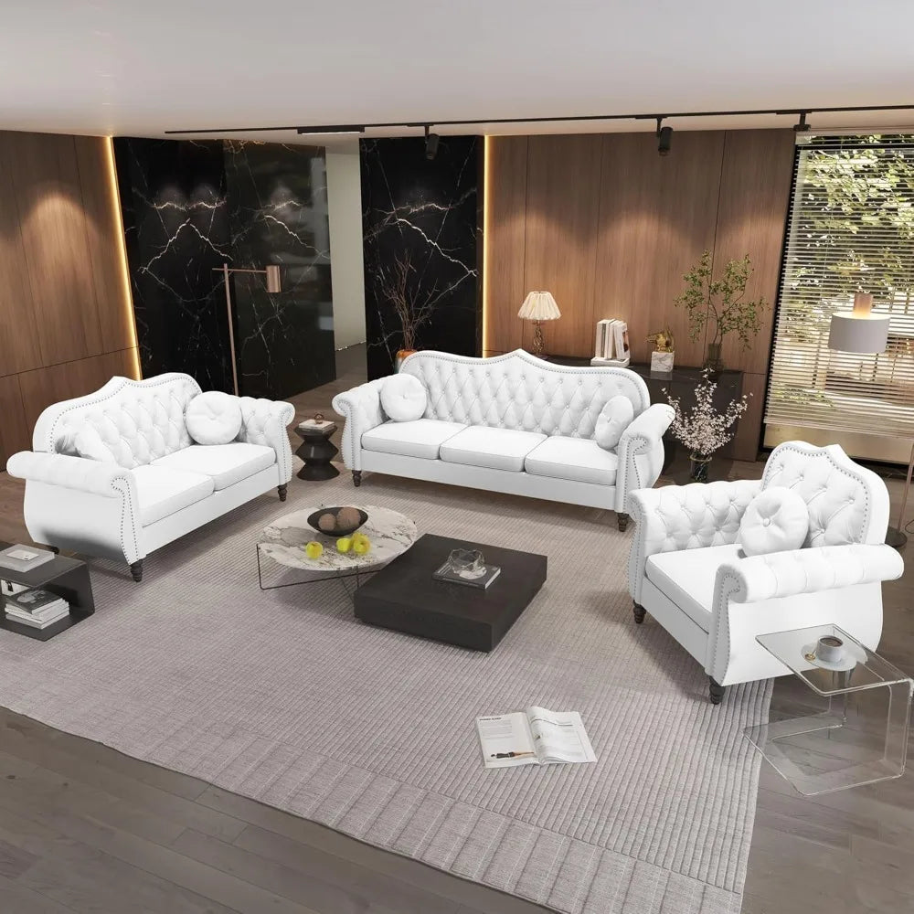 Three Piece Mid Century Sectional Velvet Chesterfield Sofa Set
