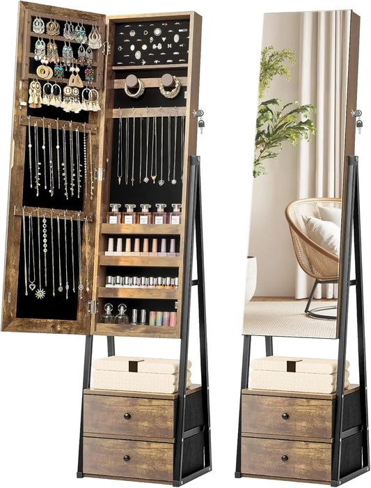XMSJ Standing Jewelry Mirror Cabinet With 2 Drawers Lockable