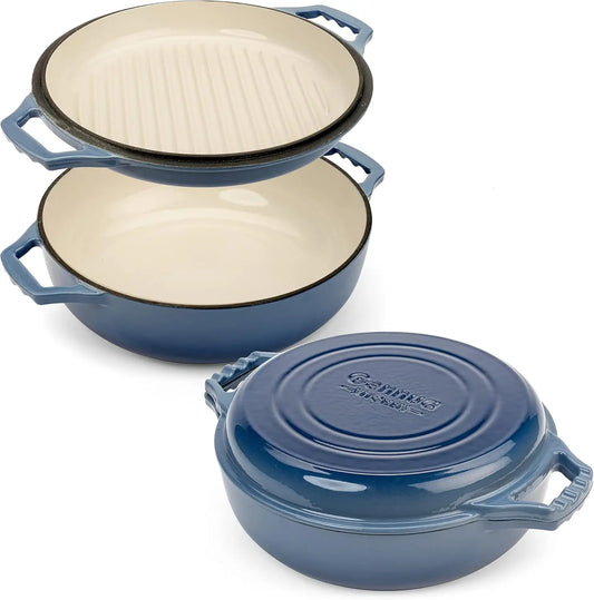 Enameled Cast Iron Braiser Pan With Grill Lid Dual Purpose