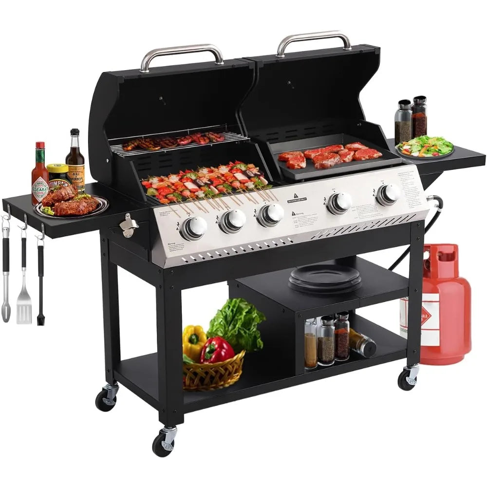 Propane Gas Grill And Griddle Combo 5-Burner Dual Zone