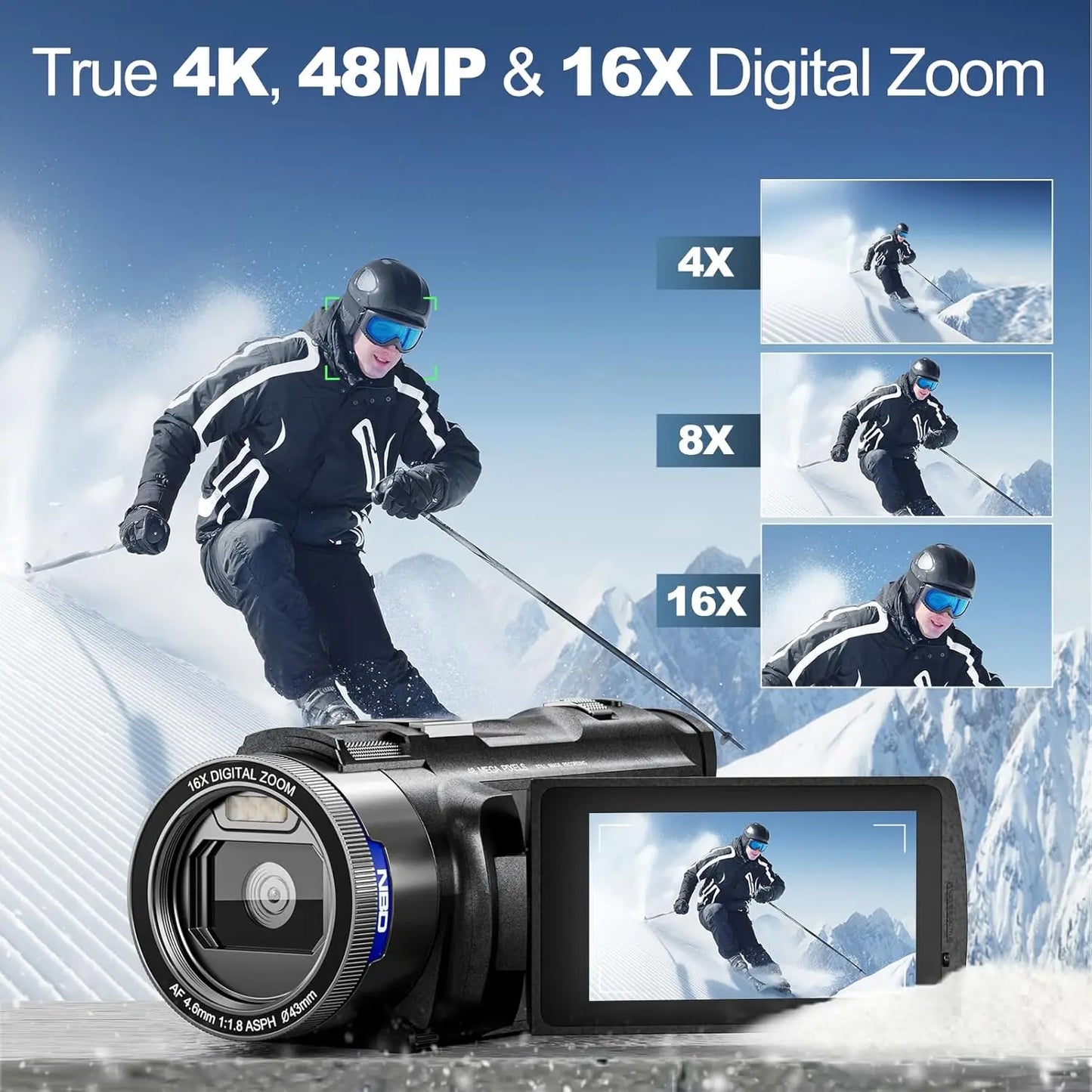 NBD 4K Camcorder With WiFi App Control 48MP Vlogging 16X Zoom