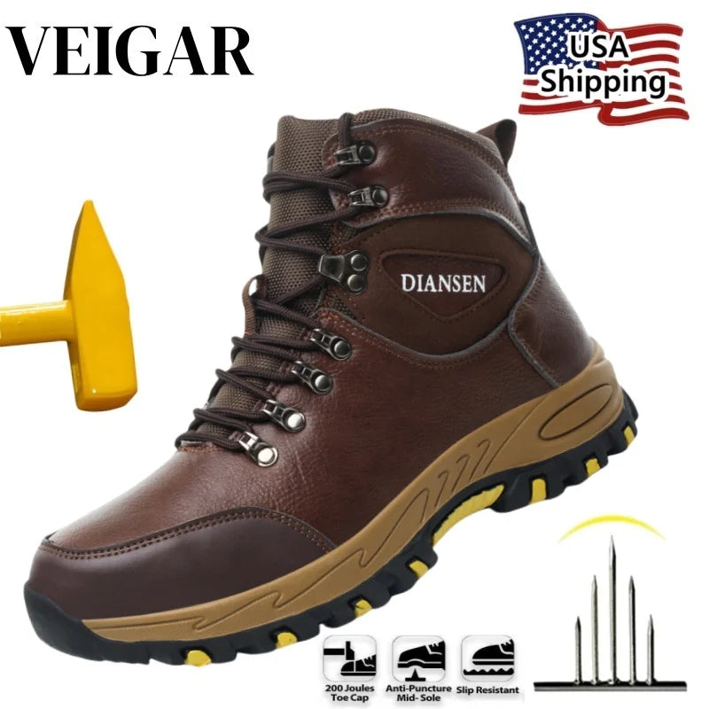 VEIGAR Waterproof Leather Work Safety Boots For Men Antipuncture Indestructible