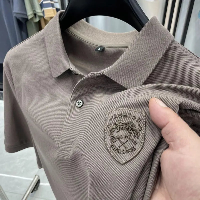 NONECN Men Cotton Polo Shirt Short Sleeve Embroidered