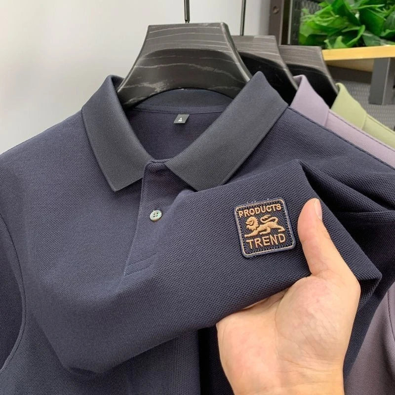 NONECN Men Cotton Polo Shirt Short Sleeve Embroidered