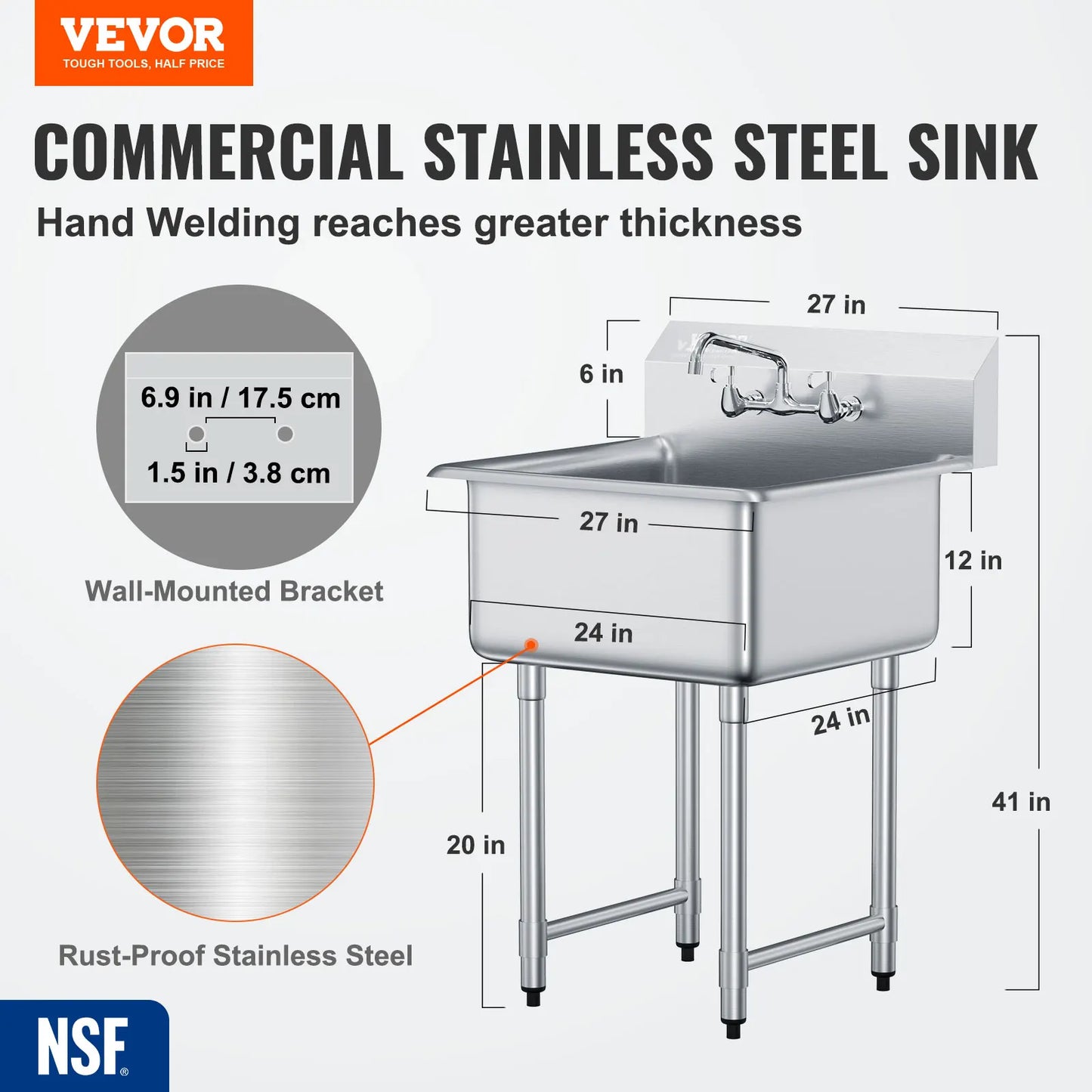 Stainless Steel Kitchen Prep and Utility Sink Single Bowl Faucet