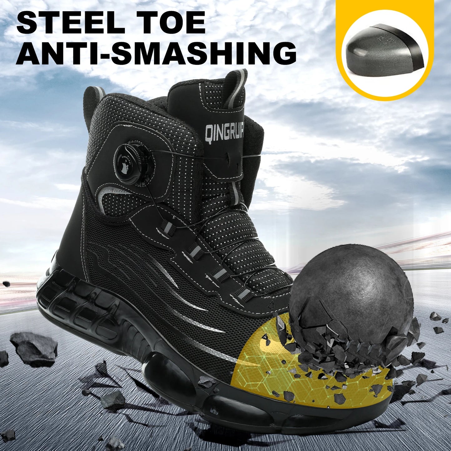 None Men's High Top Lace-Free Anti-Smash Puncture-Resistant Work Shoes