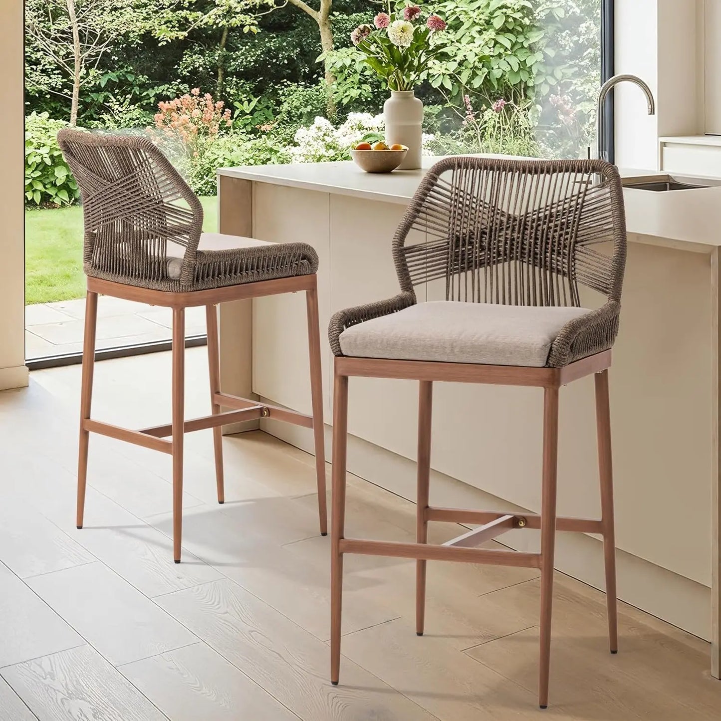 Rattan Bar Stools Set Of Two With Solid Steel Frame