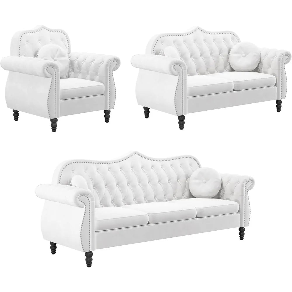 Three Piece Mid Century Sectional Velvet Chesterfield Sofa Set