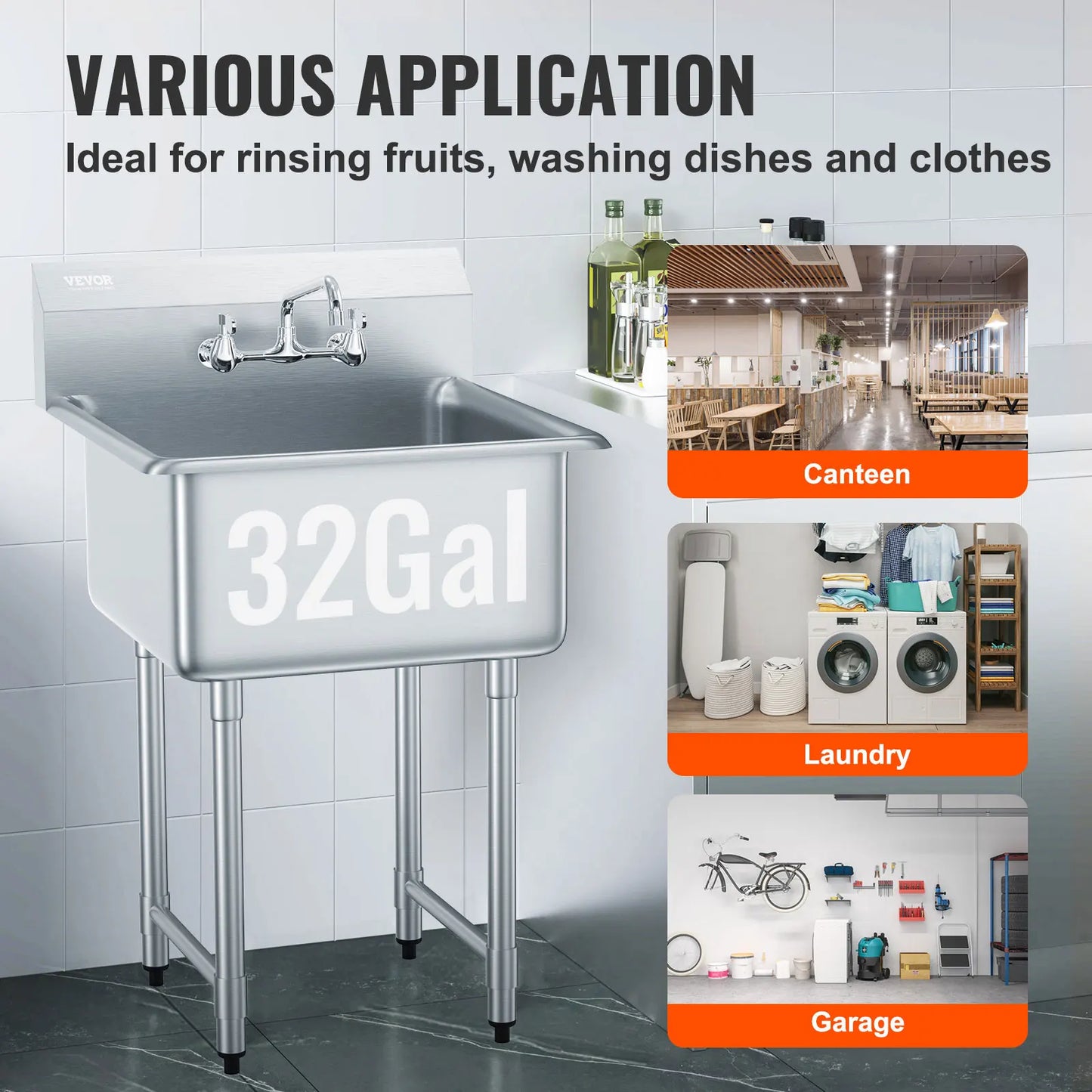 Stainless Steel Kitchen Prep and Utility Sink Single Bowl Faucet