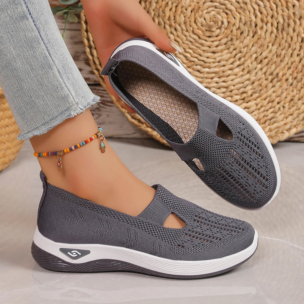 NONE Womens Breathable Low Top Knit Sneakers Casual Shoes