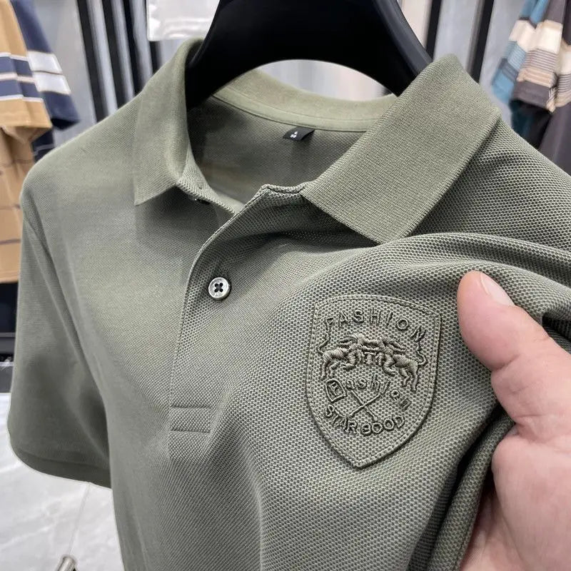 NONECN Men Cotton Polo Shirt Short Sleeve Embroidered