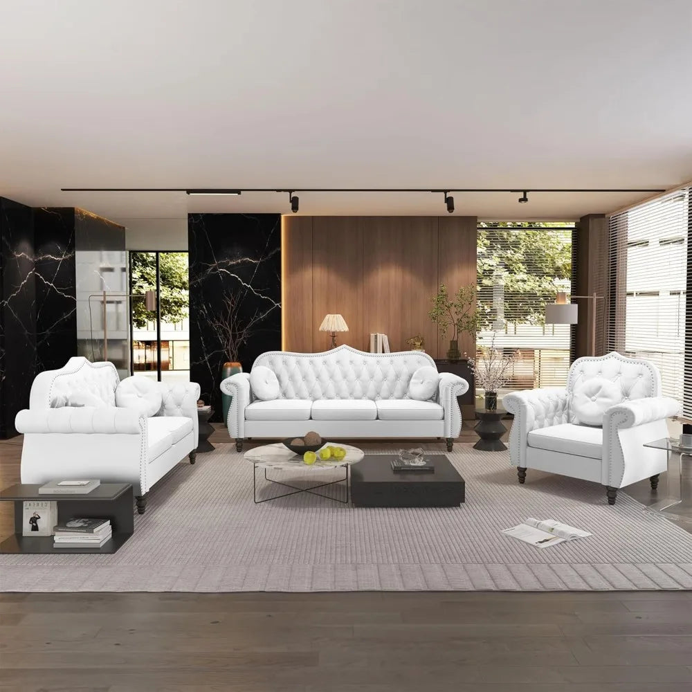 Three Piece Mid Century Sectional Velvet Chesterfield Sofa Set