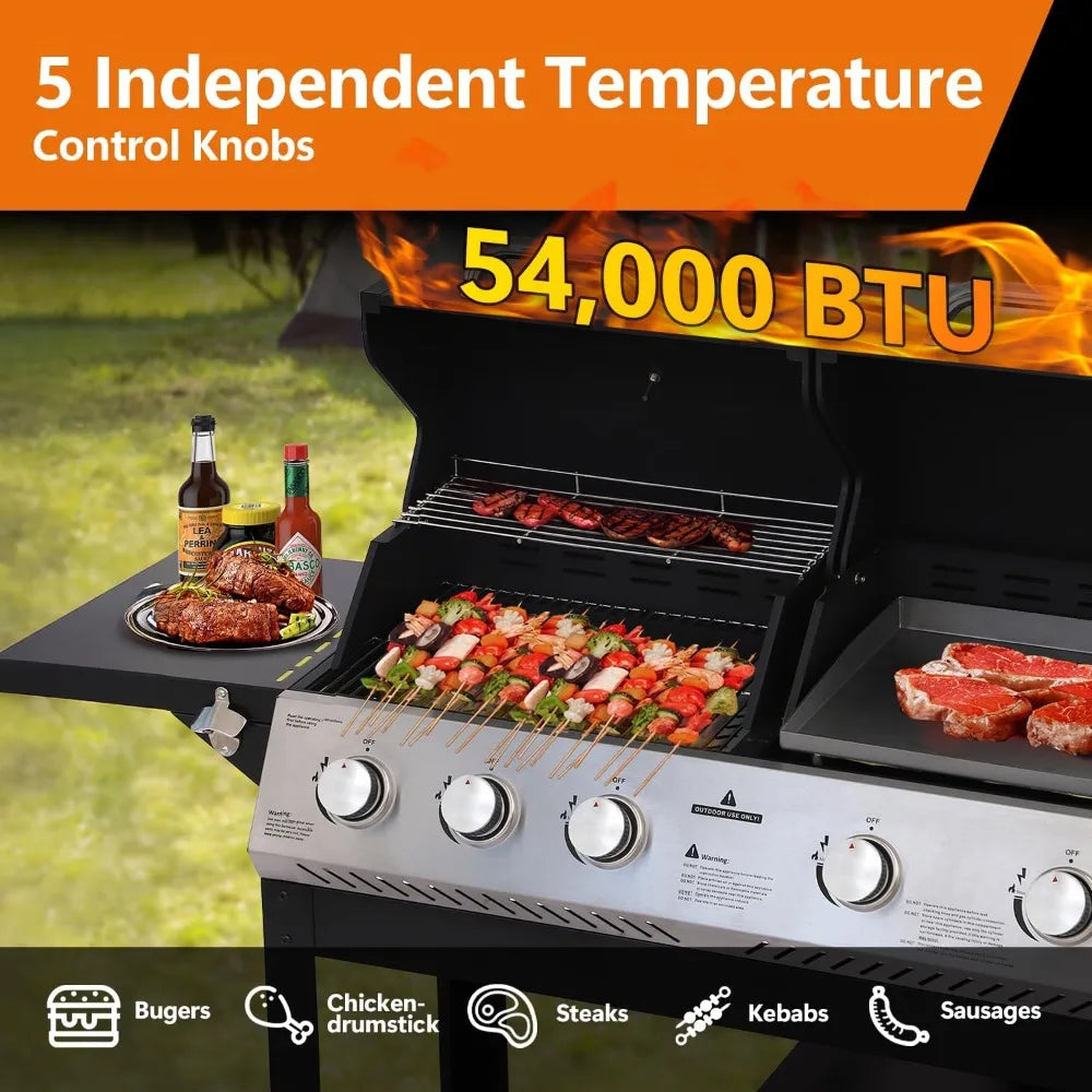 Propane Gas Grill And Griddle Combo 5-Burner Dual Zone