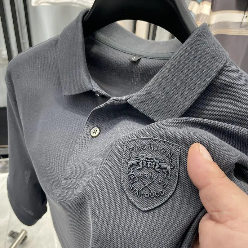 NONECN Men Cotton Polo Shirt Short Sleeve Embroidered