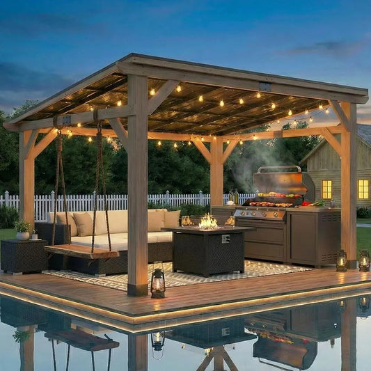 Cedar Patio Pavilion With Sloped Steel Roof For Outdoor Living