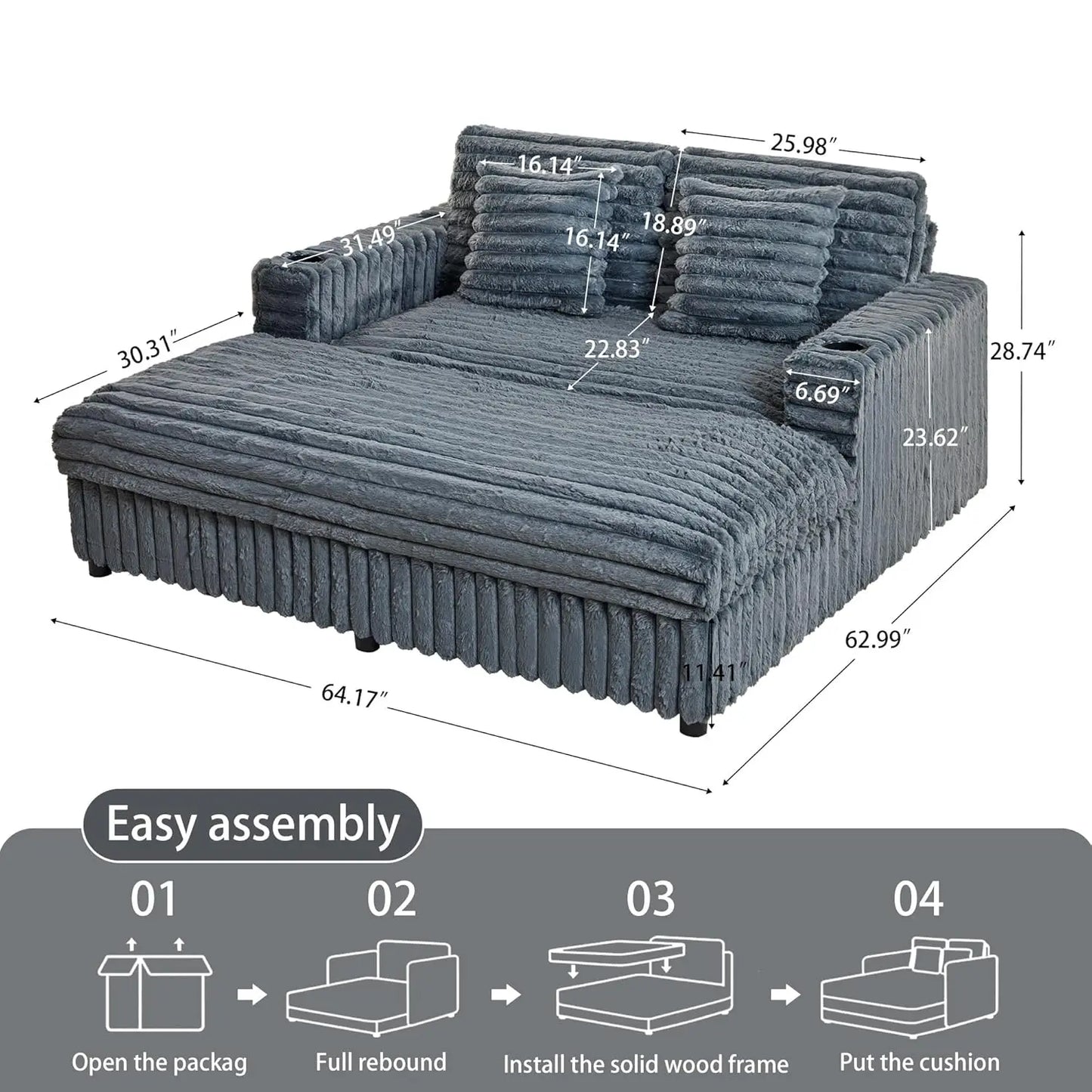 HUANZHUANG Chaise Lounge Sofa Bed With Charging Station Pillows