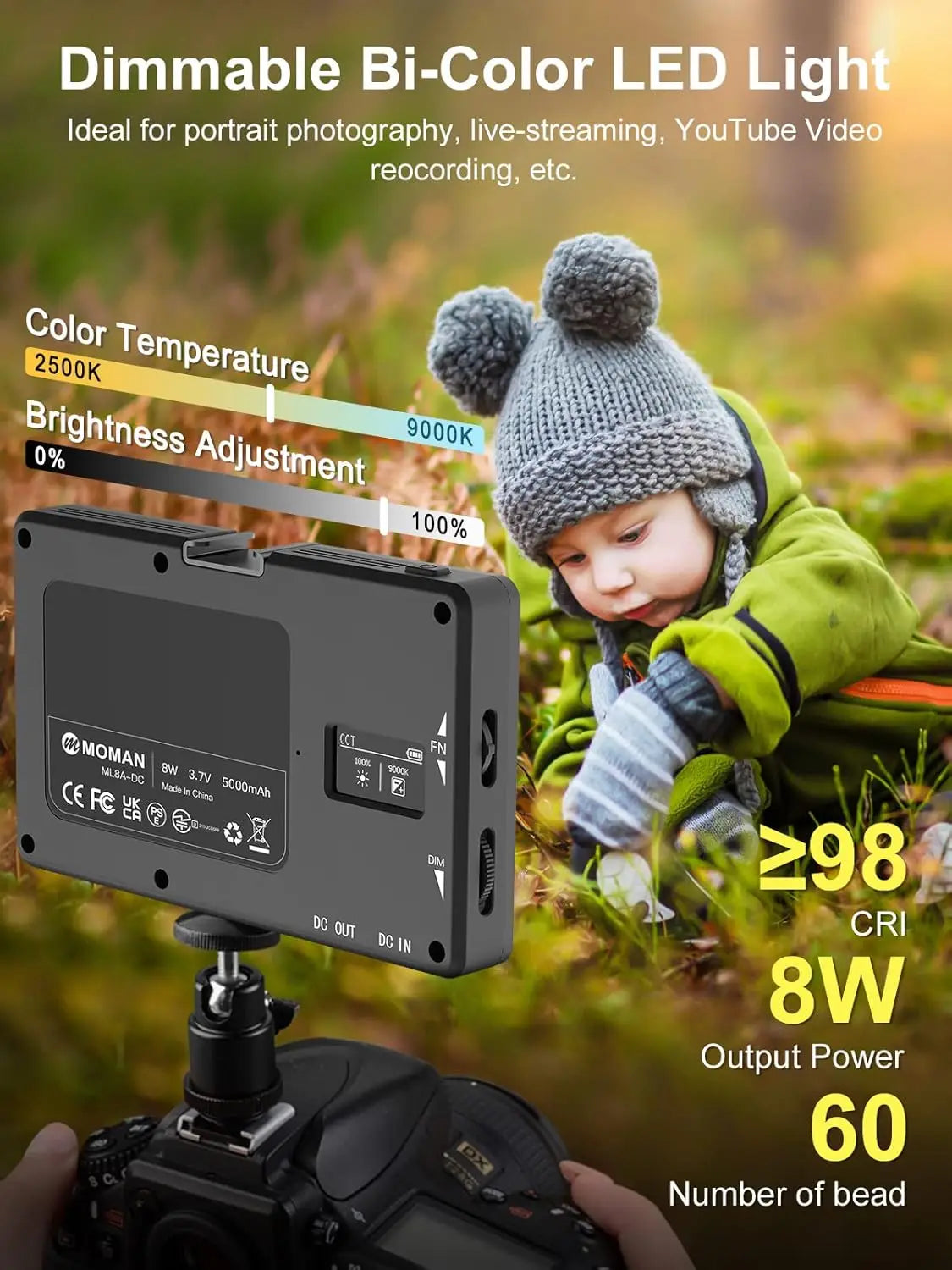 Moman LED Camera Light for Photography Portable 5000mAh Video Recording