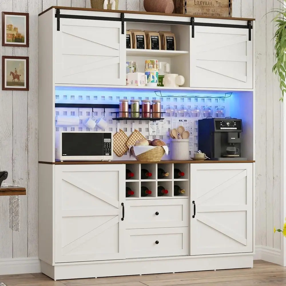 Kitchen Storage Pantry Cabinet With Power Outlet Pegboard LED Light