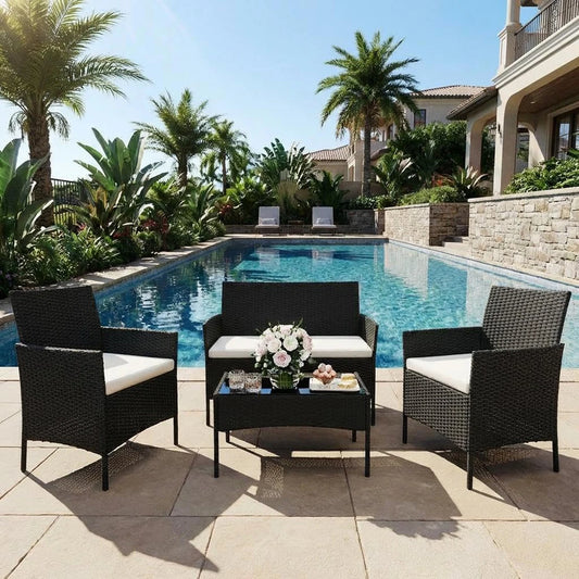 HiMISS 4-Piece PE Rattan Patio Set With Glass Top Table