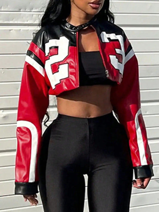 Women Faux Leather Jacket Zipper Bomber Edgy Motorcycle Style Streetwear