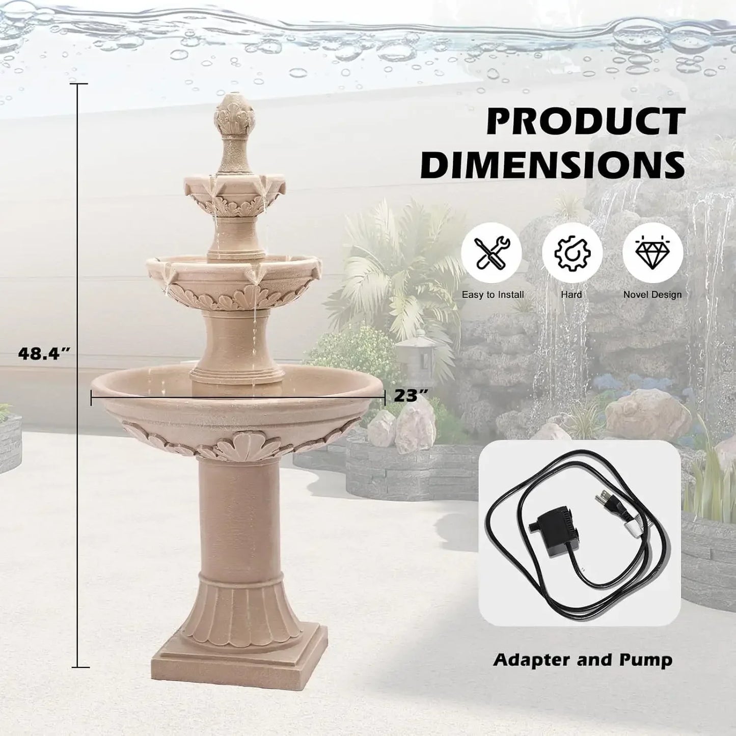 Outdoor Fountain Waterfall Bubbler Floor Pineapple Top Three Tier Pump