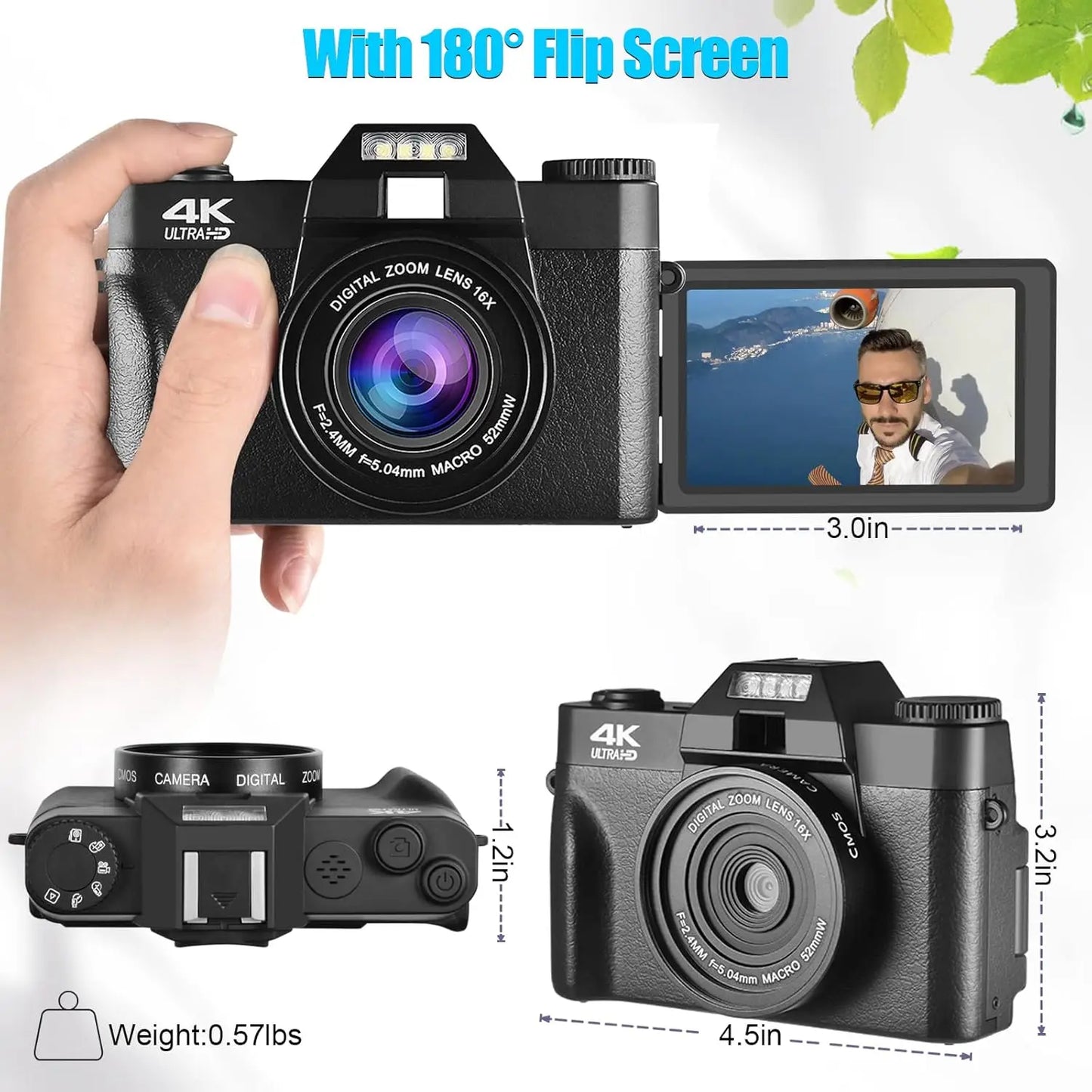 4K Digital Camera With 48MP HD Autofocus 16x Zoom WiFi
